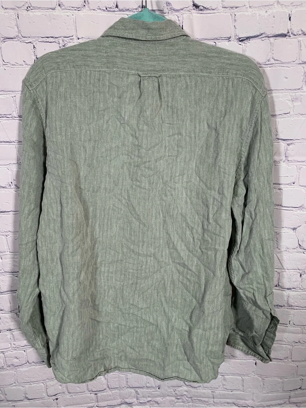 J.Crew Mens Linen Blend Herringbone Button Down Size L Green Gray Preppy Casual